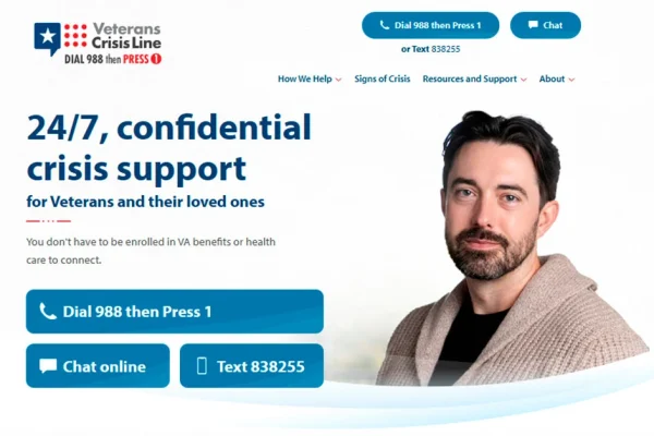 Homepage of 988 Veterans Crisis Line Website